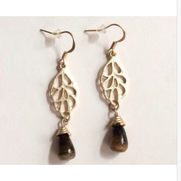 Gold Tiger Eye Stone Earrings Brown Stone Leaf - Picture 2 of 7